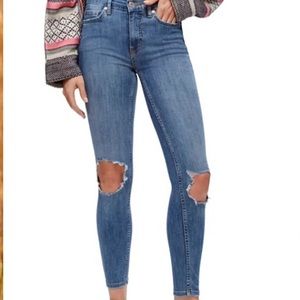 Free People High Rise Medium Wash Busted Knee Skinny Jean — 30
